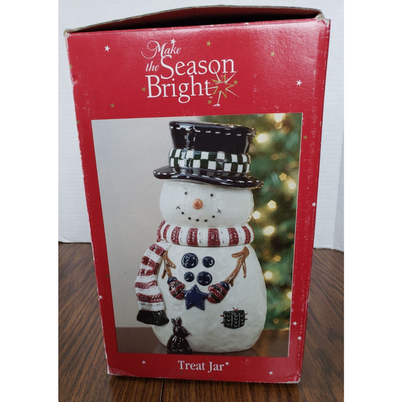 Vintage Make The Season Bright Snowman with Black Top Hat Treat Jar - Picture 2 of 6